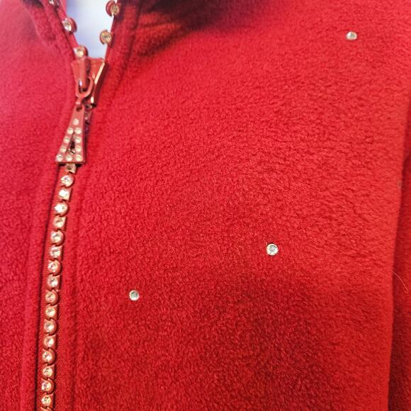 Quacker Factory Red Fleece Jacket Size M Rhinestone Blingy Grandmacore Mature - Picture 2 of 12
